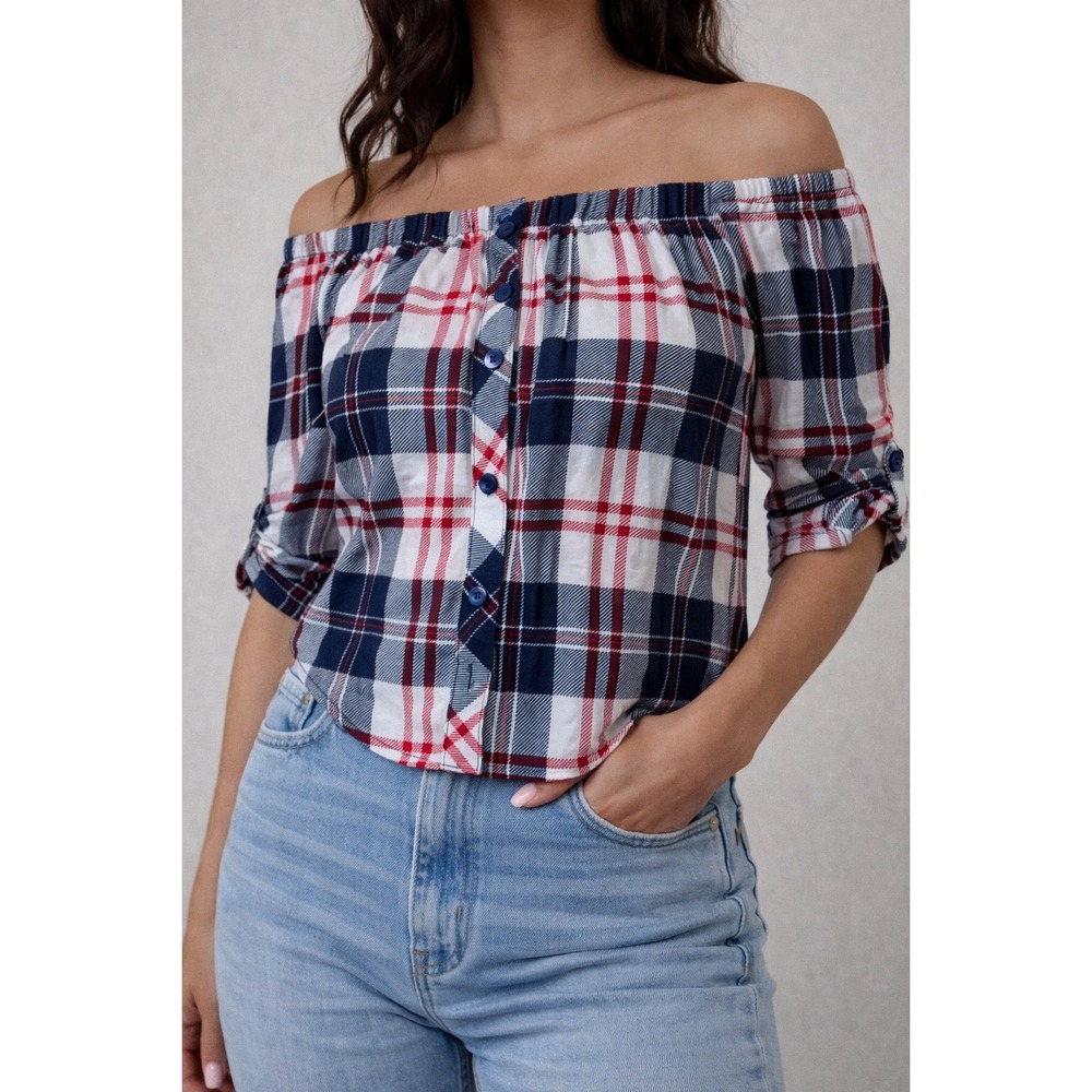 J for Justify Plaid Off The Shoulder Roll Tab Sleeve Blouse Red White Navy Small
